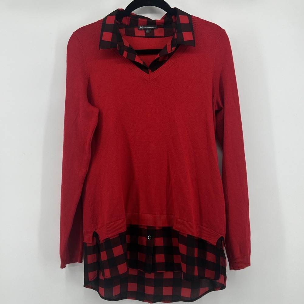 Adrianna Papell Twofer Sweater M Lumberjack Cabin Chic Goblincore Buffalo Plaid